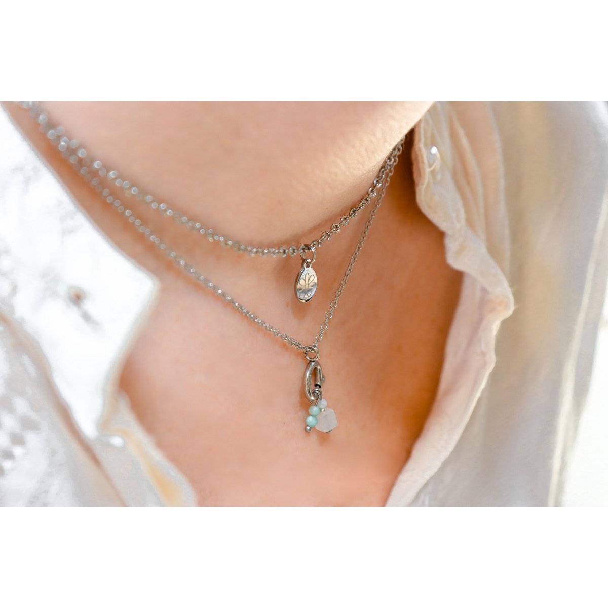 Slot Ketting 10 mm & Edelsteen Hangertjes - Zilver