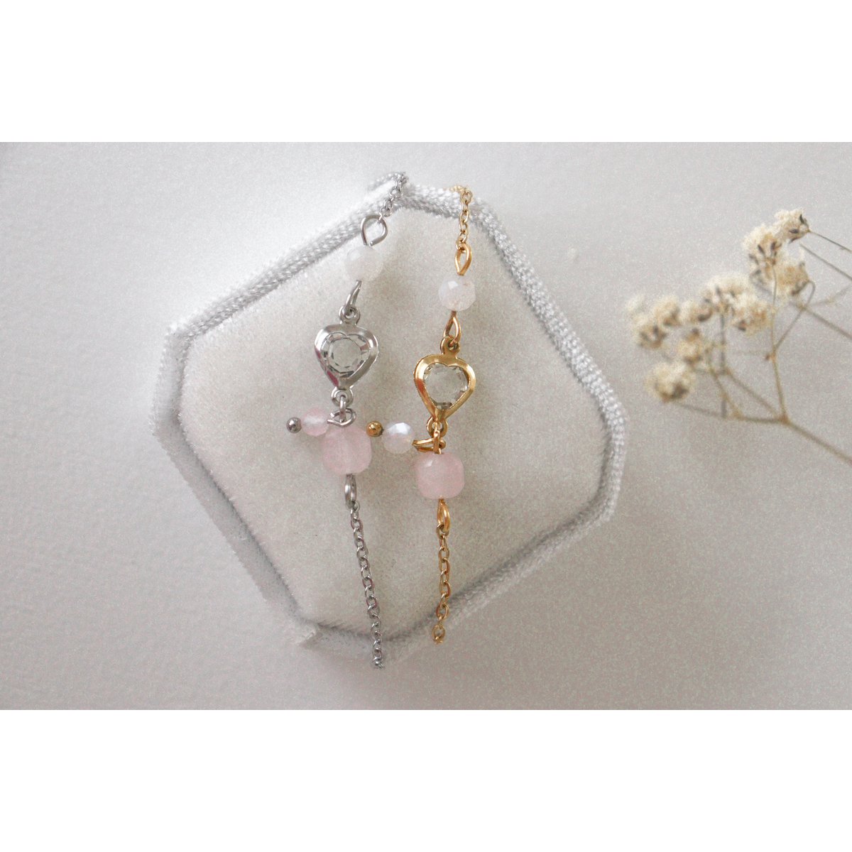 Kristal Hart, Maansteen & Rozenkwarts Armband - Goud