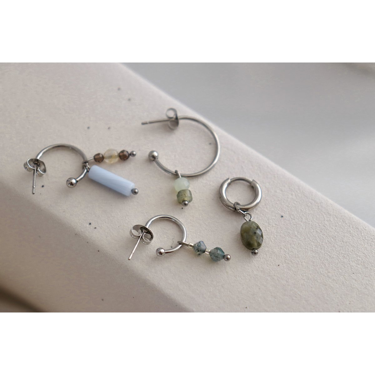 Aquamarijn, Rookkwarts & Citrien Oorringen - Zilver