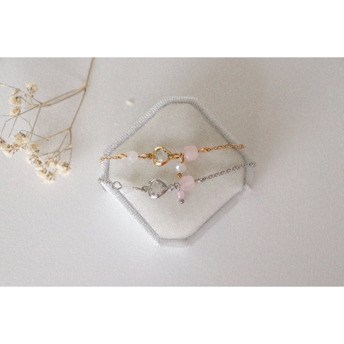 Kristal Hart, Maansteen & Rozenkwarts Armband - Goud