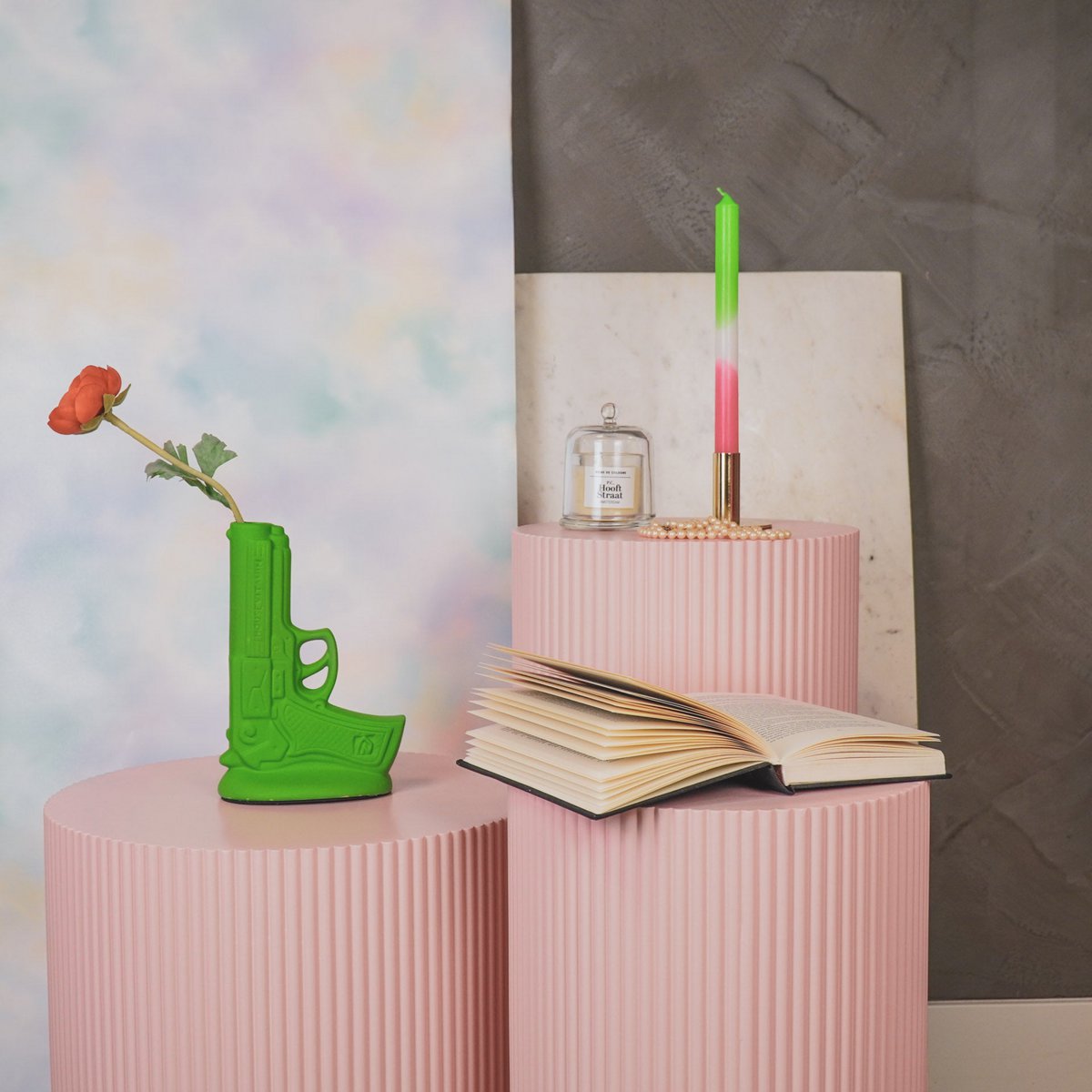 Kaarsen - groen/wit/roze (set van 4)