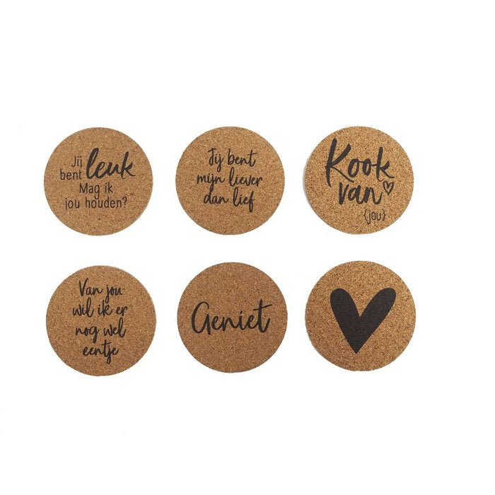 Set van 6 onderzetters van kurk met tekst