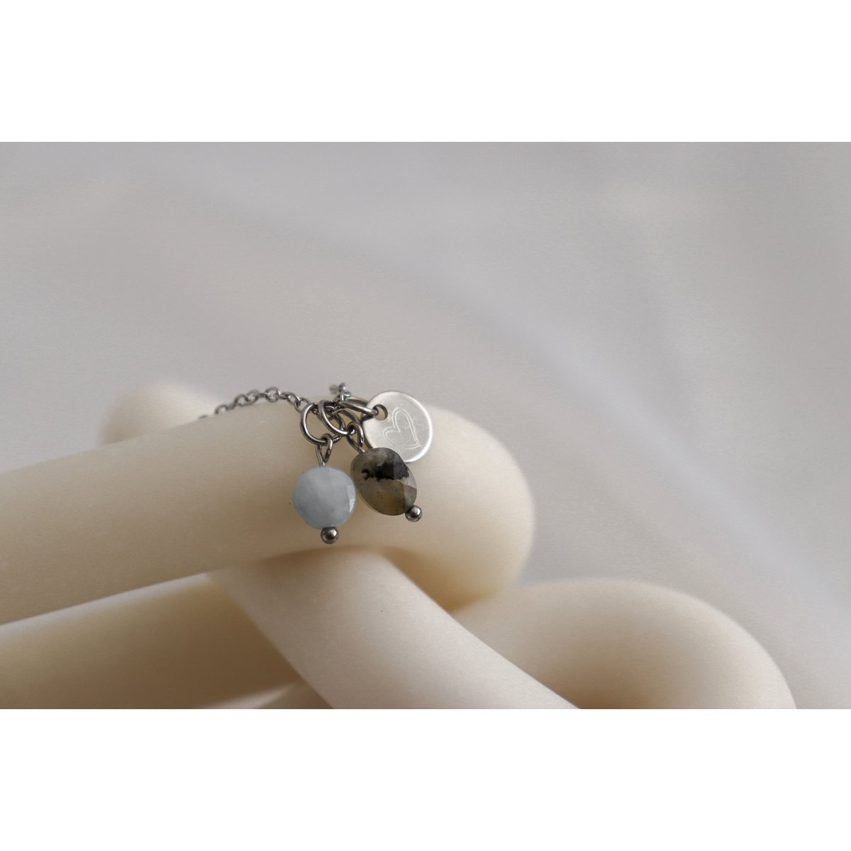 Aquamarijn, Labradoriet & Hartje Ketting - Zilver