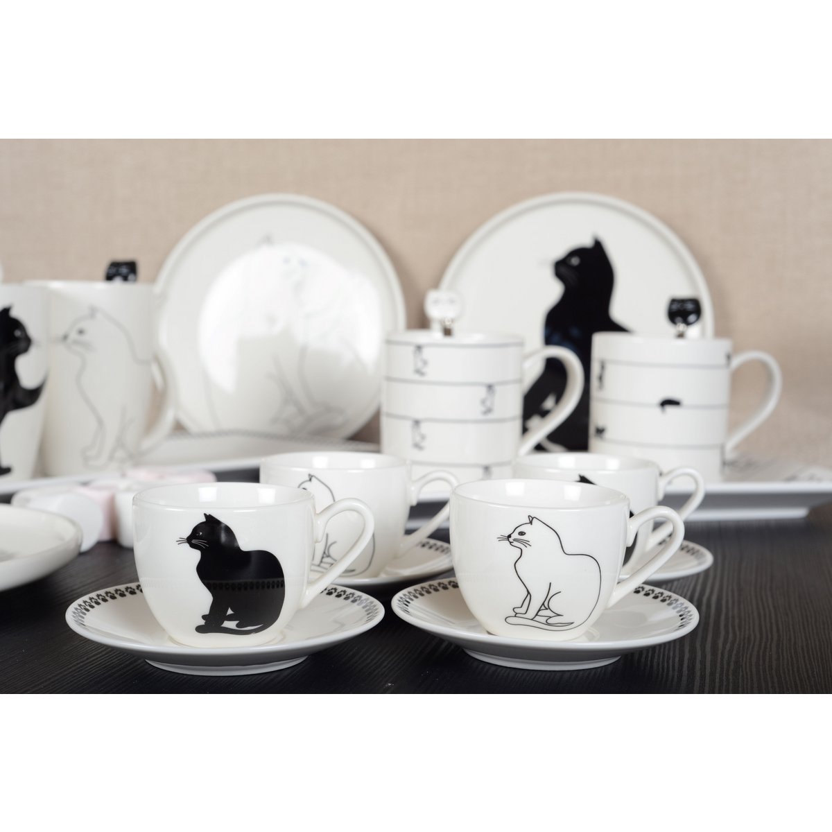 KAT KOFFIEKOPJES MET BORDJES - SET VAN 4