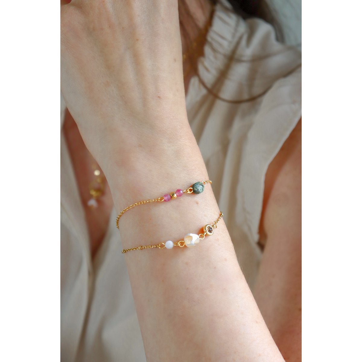 Dzi Agaat & Maansteen Armband - Goud