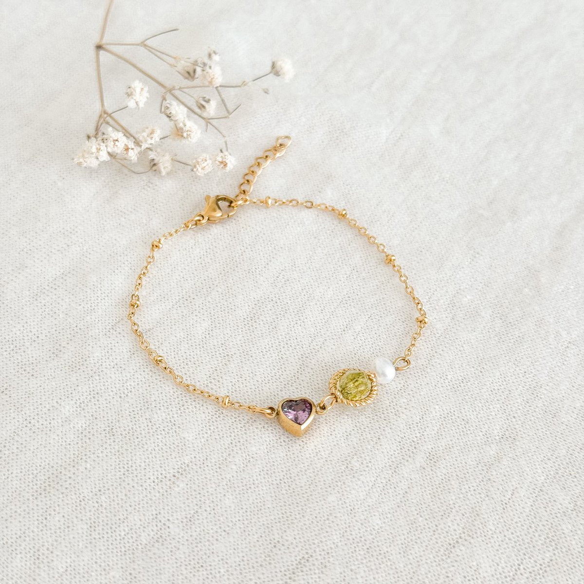 Peridot, Parel & Hartje Armband - Goud