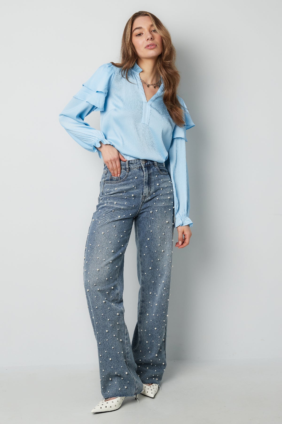 Lange Mouw Top Met Plooien V-Hals - Meerdere kleuren