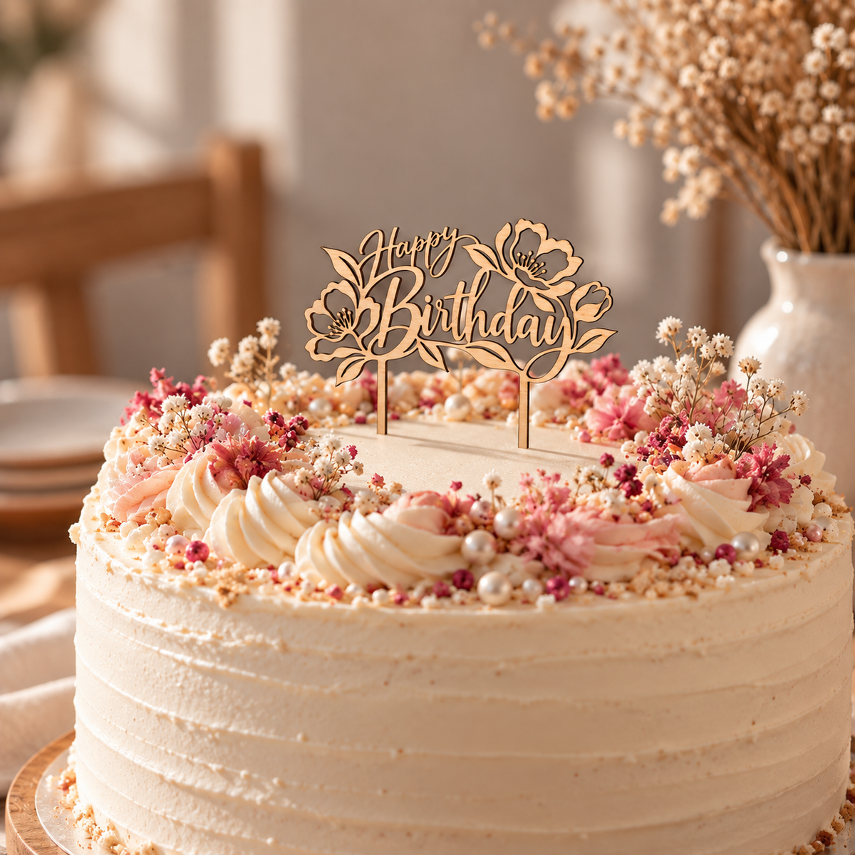 Houten taarttopper – Happy Birthday 🌸