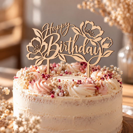 Houten taarttopper – Happy Birthday 🌸