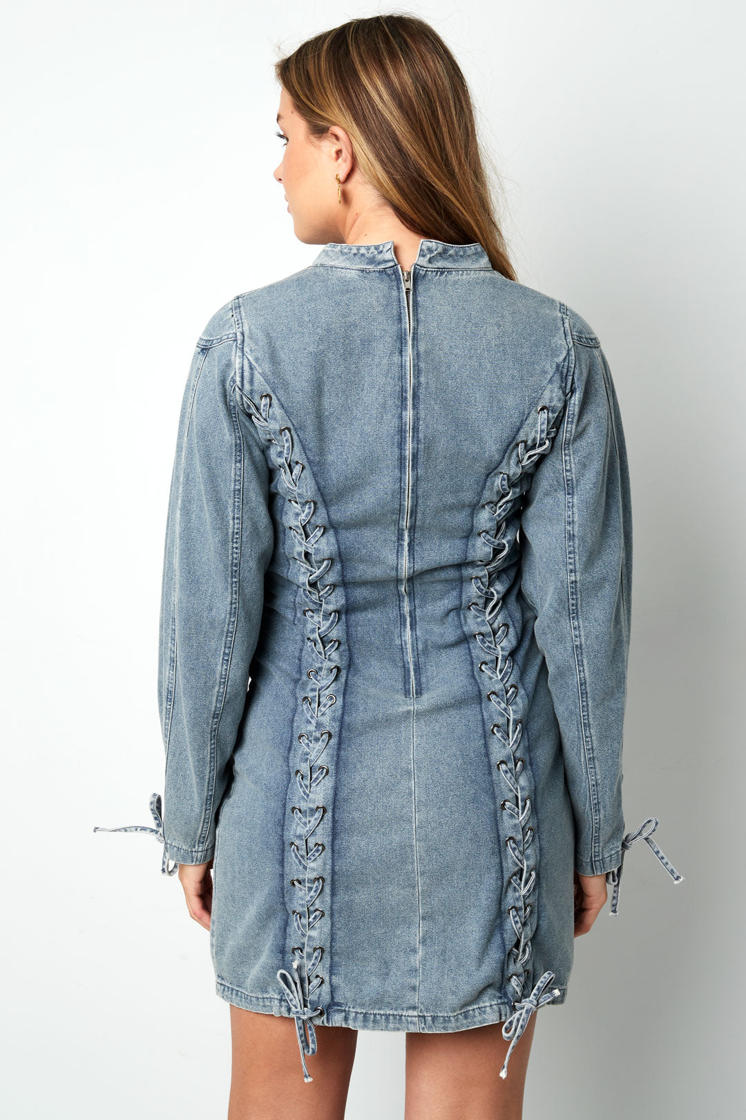 Denim Dress Elegant Tie-up Solid Color