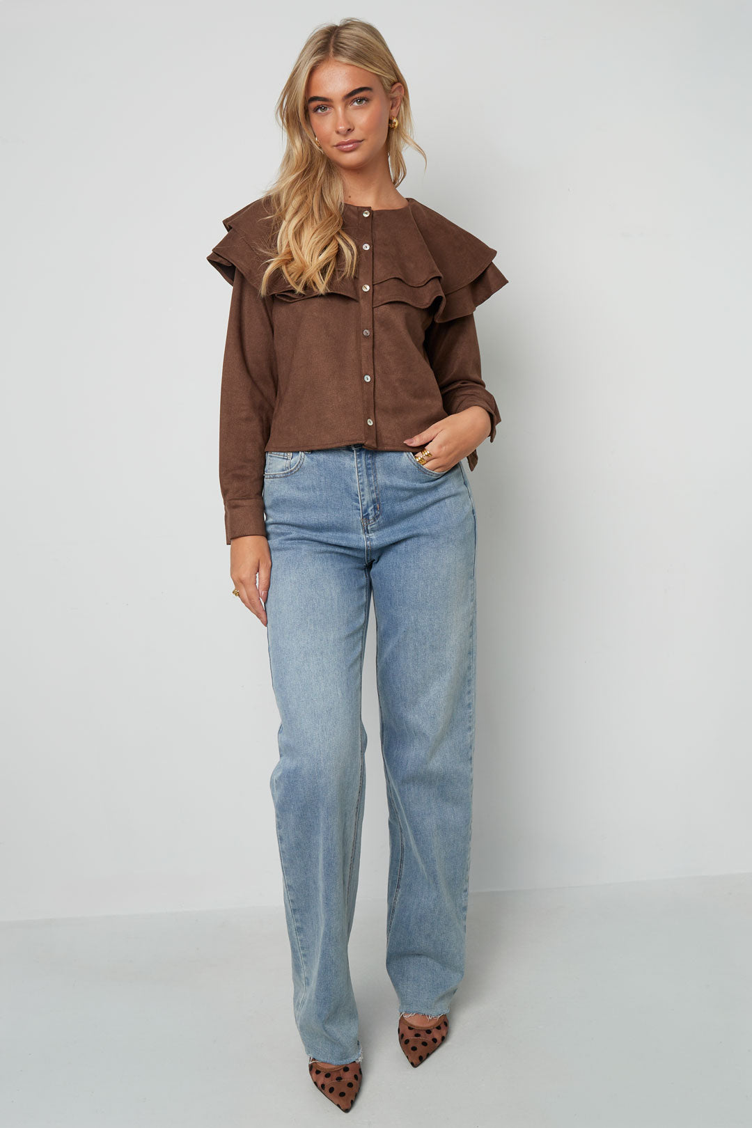 Woven Polyester Fiber Vrouwen Blouse Elegant Ruffle Trim