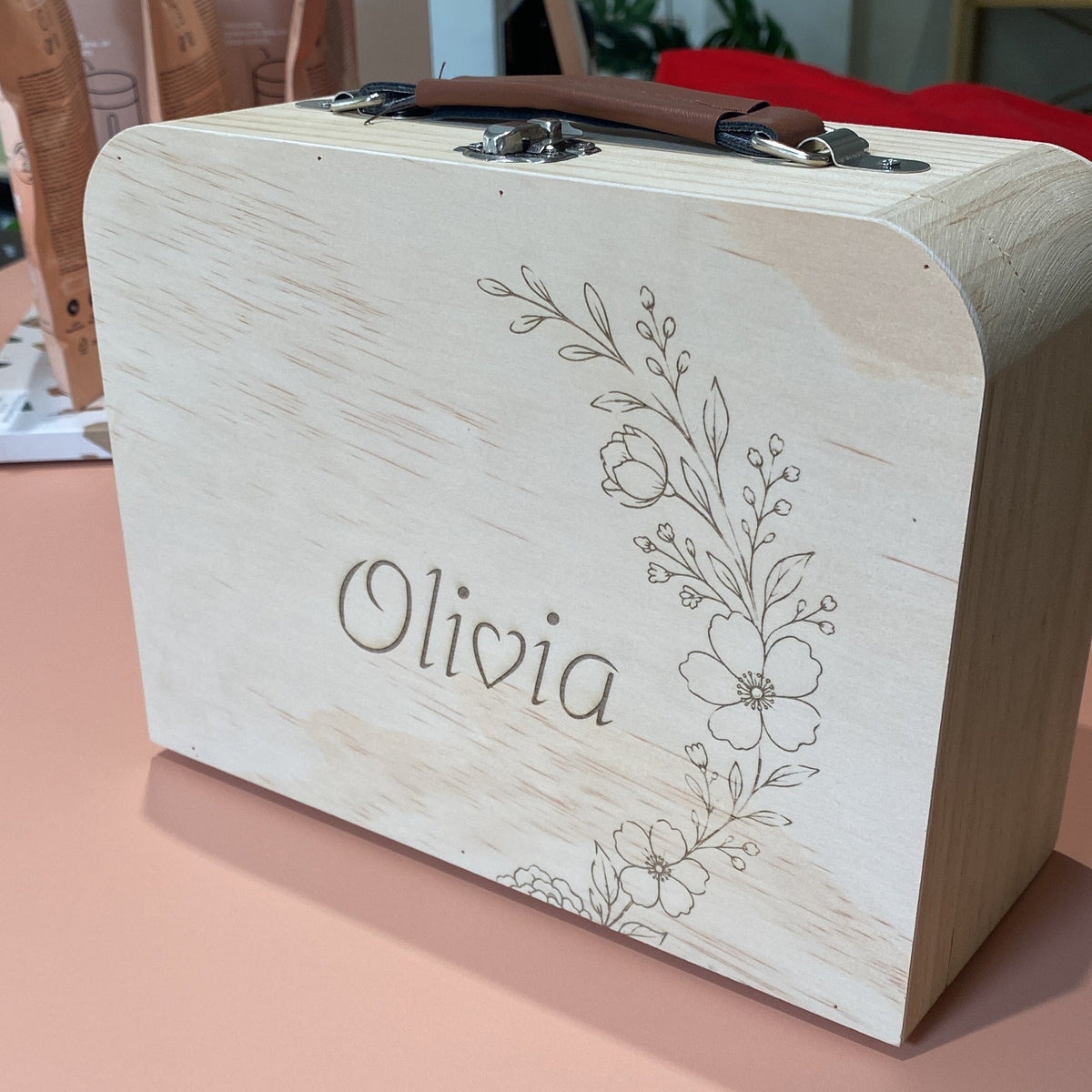 Houten koffer met naam/afbeelding
