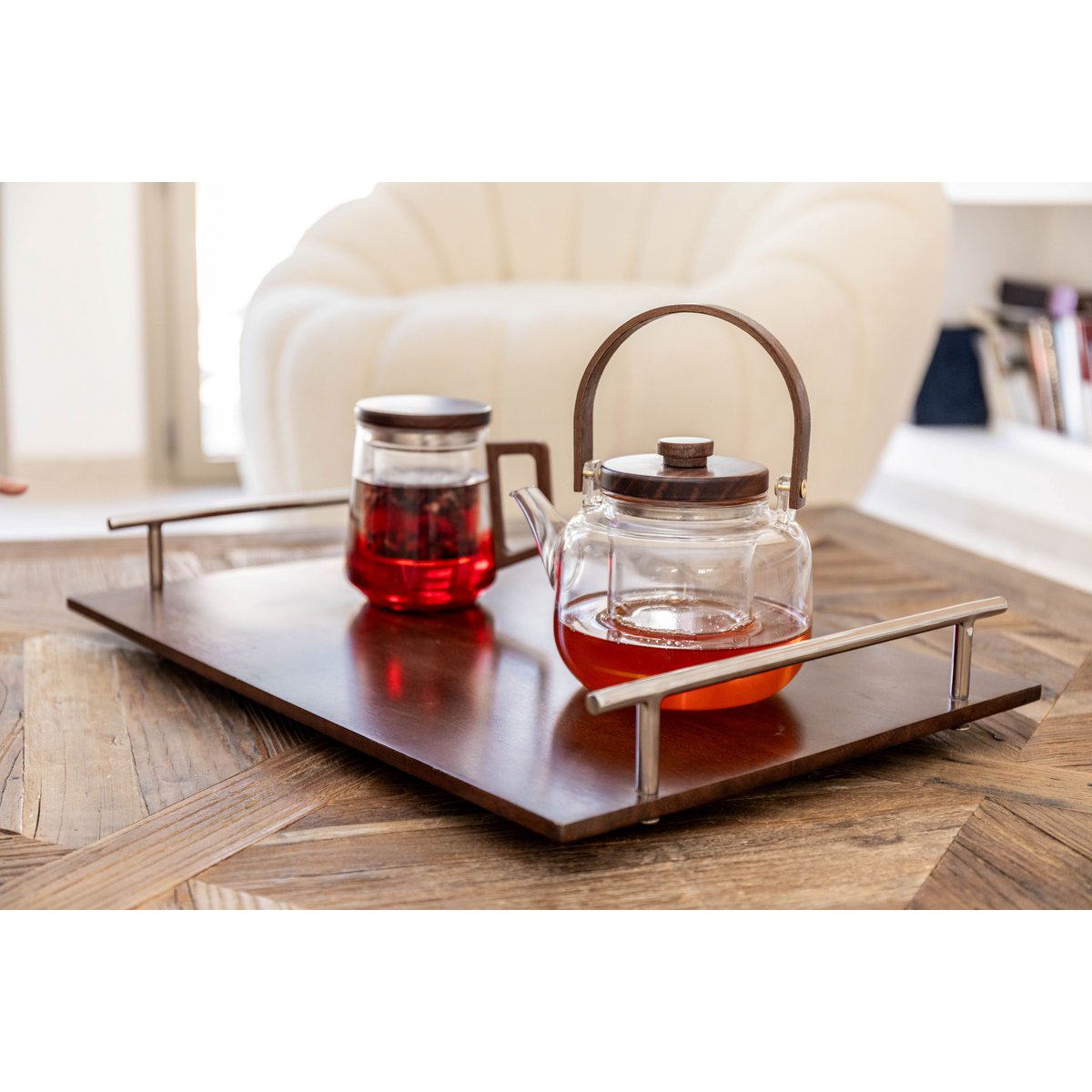 GLAZEN THEEPOT MET HOUTEN HANDVAT