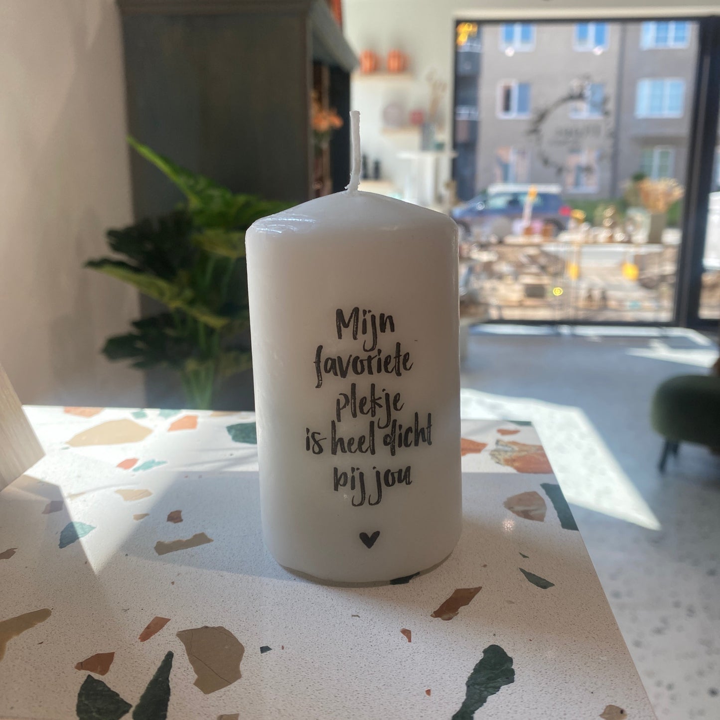 Kaars met tekst 'Mijn favoriete plekje is heel dicht bij jou'