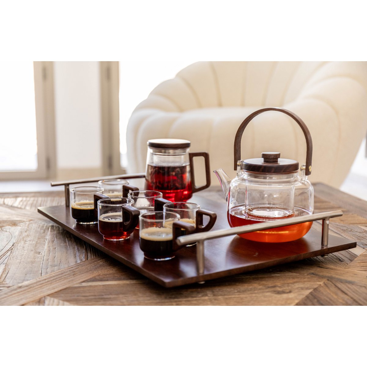 GLAZEN THEEPOT MET HOUTEN HANDVAT