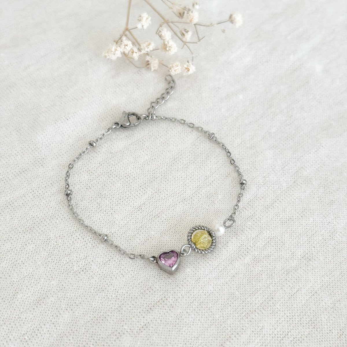 Peridot, Parel & Hartje Armband - Zilver