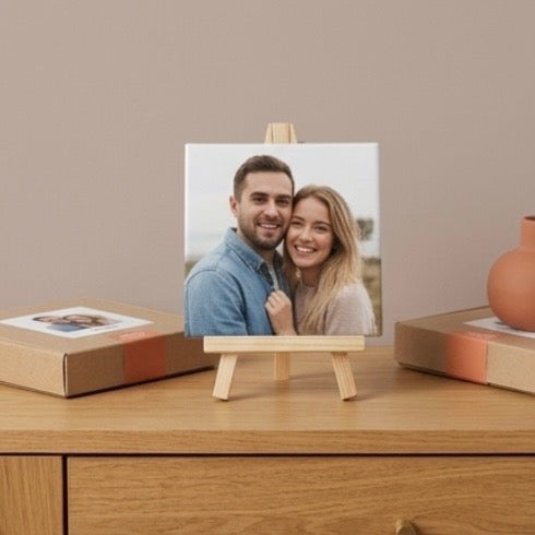 Handgemaakte fototegel – incl. staander en cadeaubox