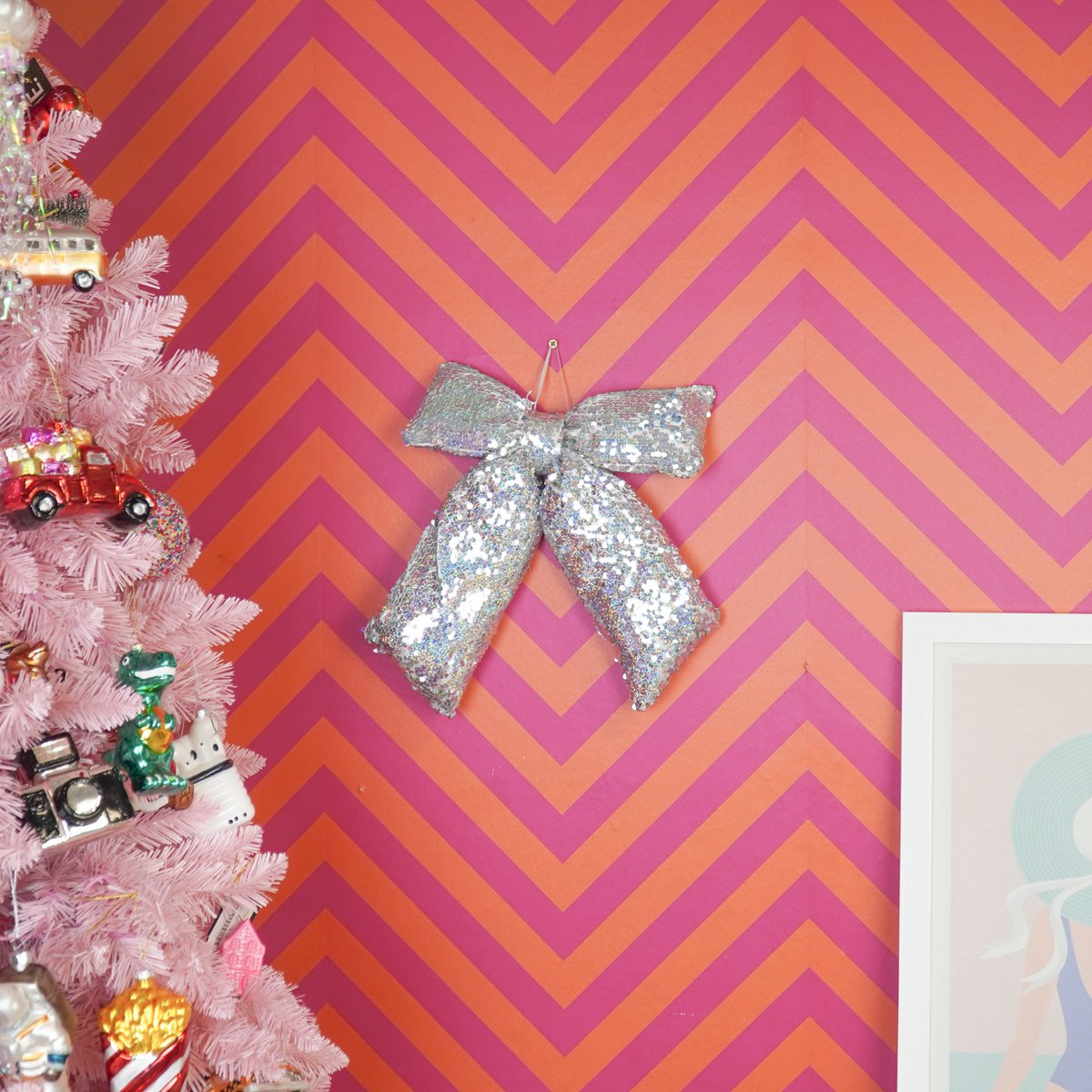 Kerstdecoratie - Strik - Pailletten Stof - Zilver - 32x40cm