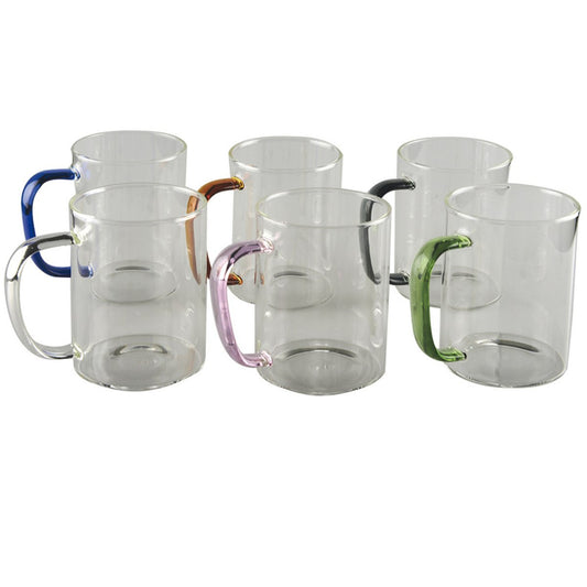 SET 6 BEKER GEKLEURDE HANDGREPEN 420ML