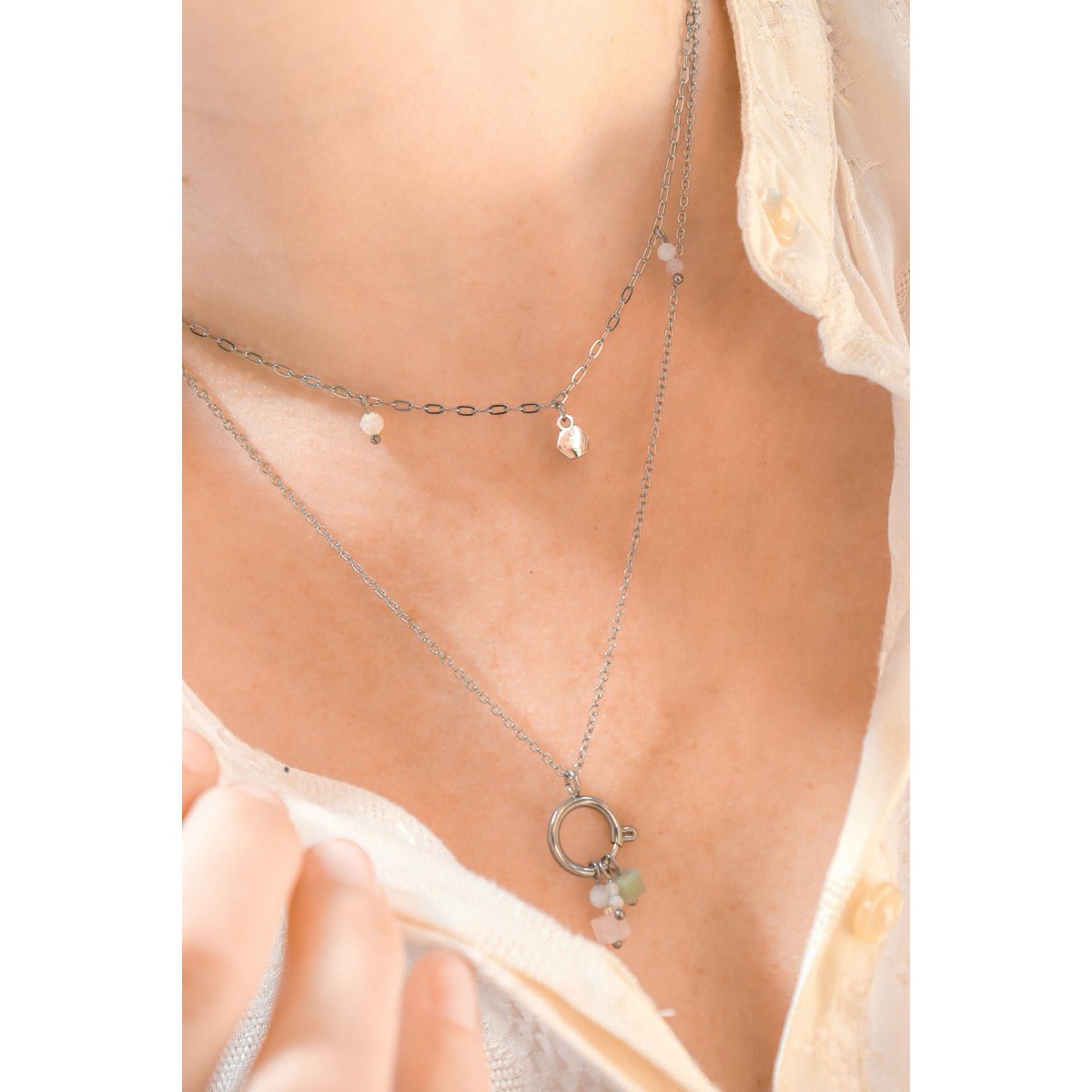 Slot Ketting 14 mm & Edelsteen Hangertjes - Zilver