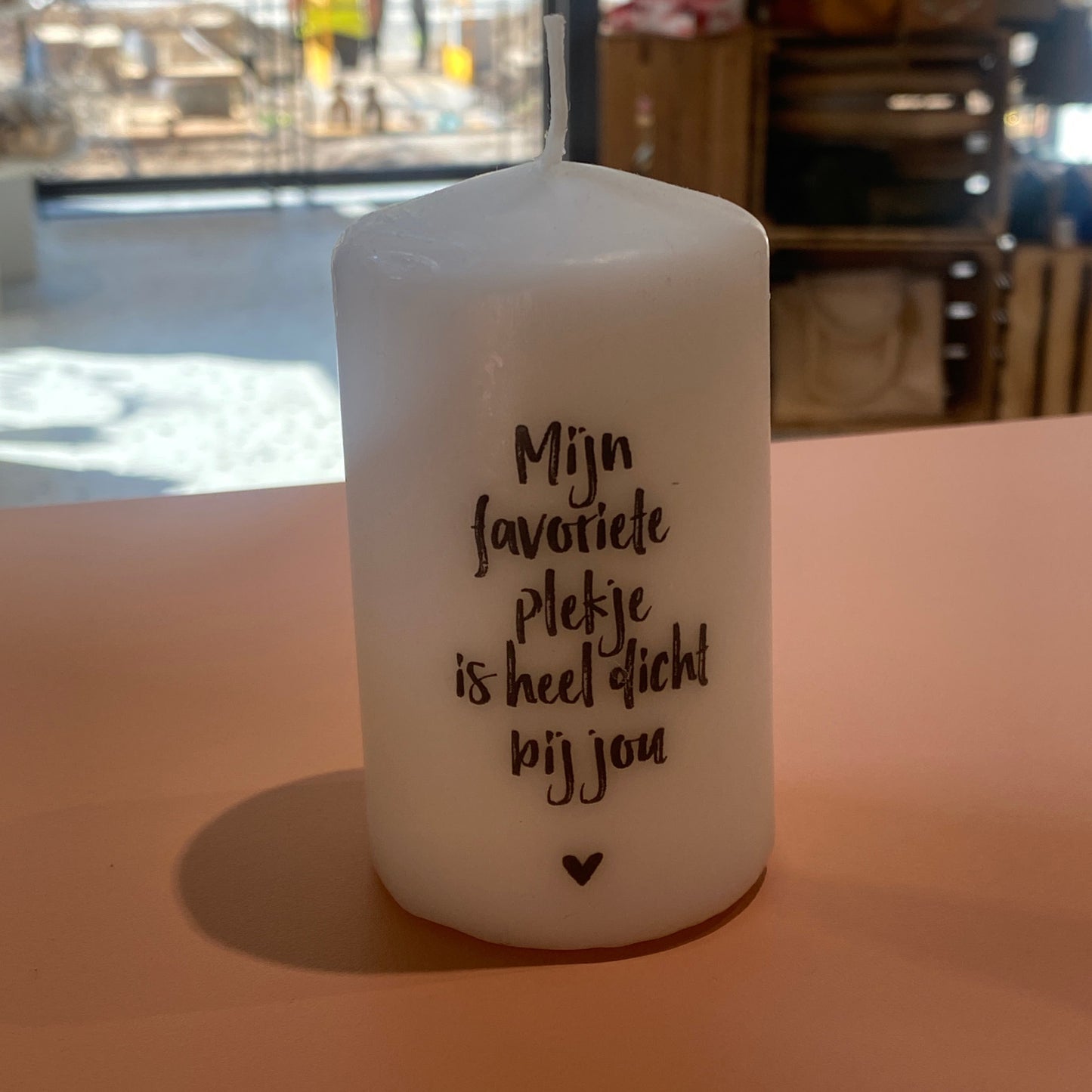 Kaars met tekst 'Mijn favoriete plekje is heel dicht bij jou'