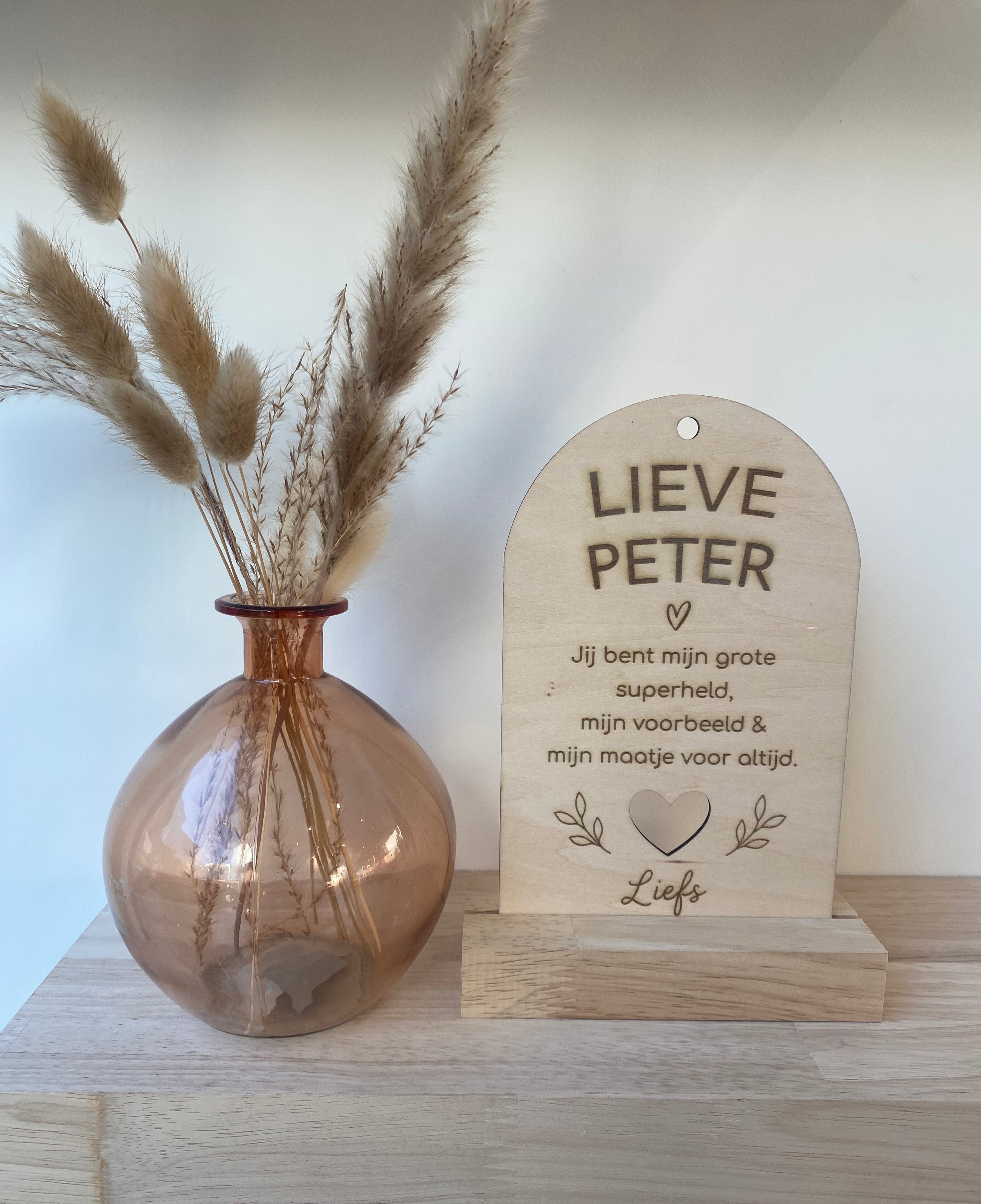 Houten bordje + eiken staander – Lieve Meter, Peter & meer