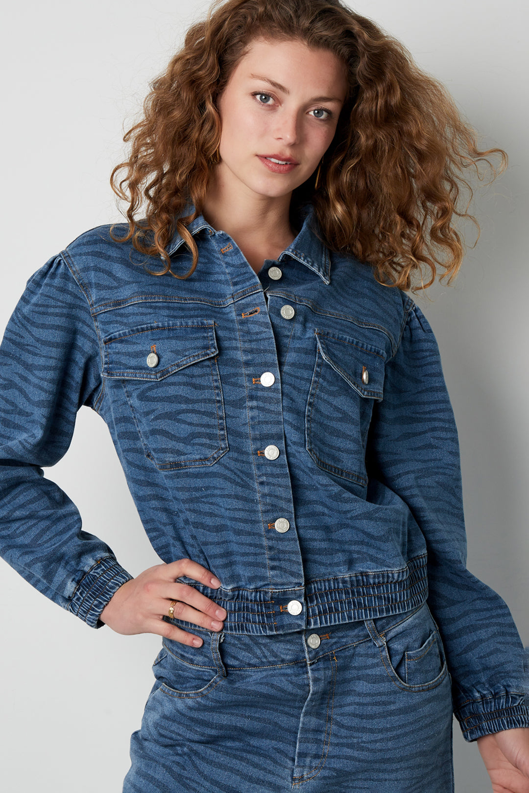 Denim Vrouwen Jas Kort Tiger Stripe Patroon