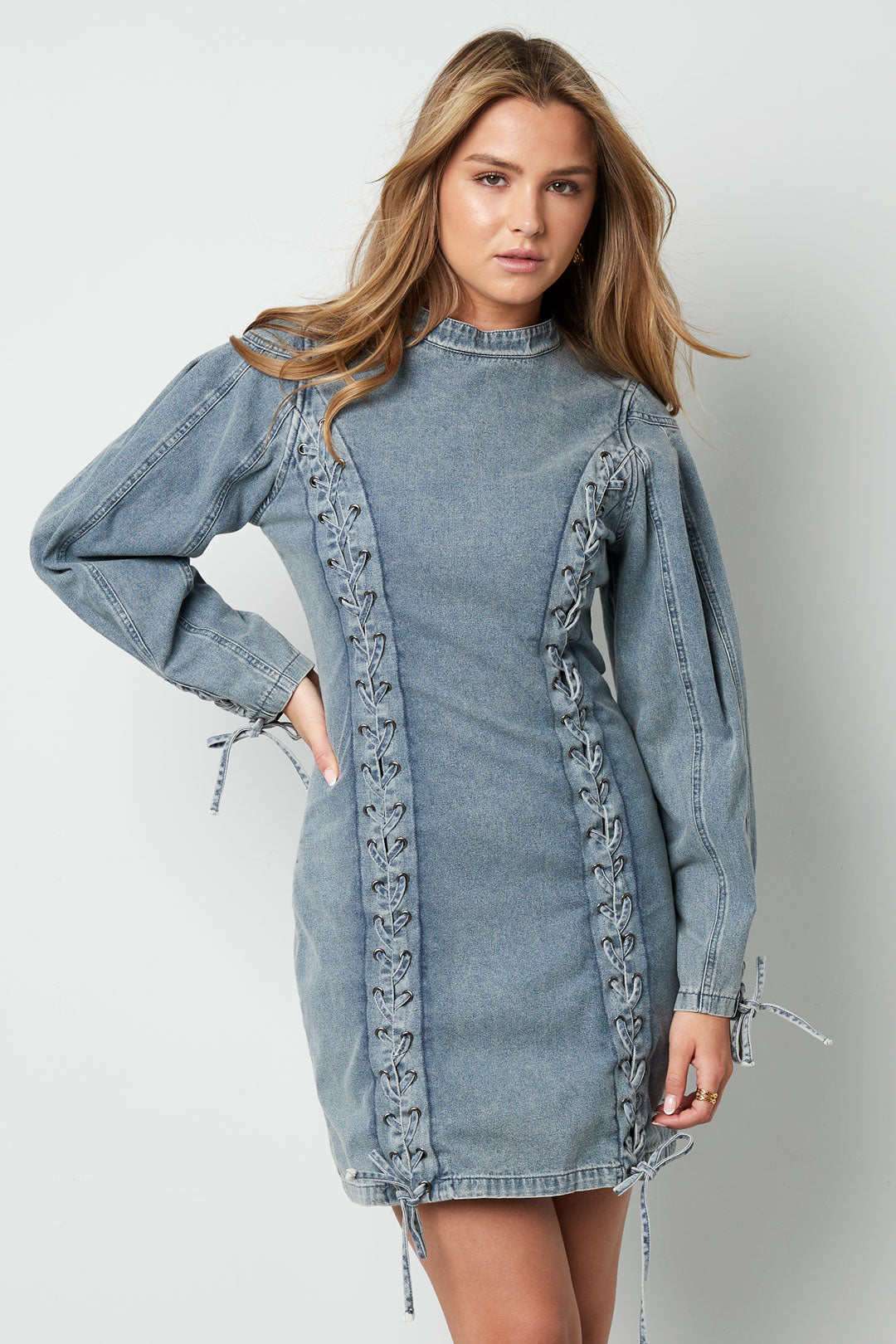 Denim Dress Elegant Tie-up Solid Color